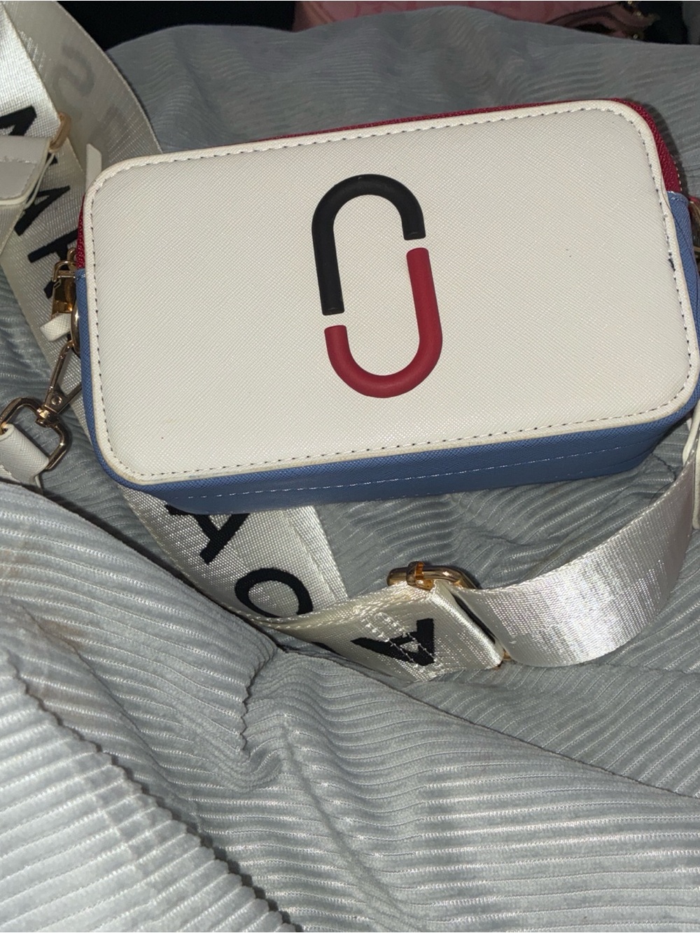 Marc Jacobs White & Blue Crossbody Bag with Red Accent - Designer Logo Detail